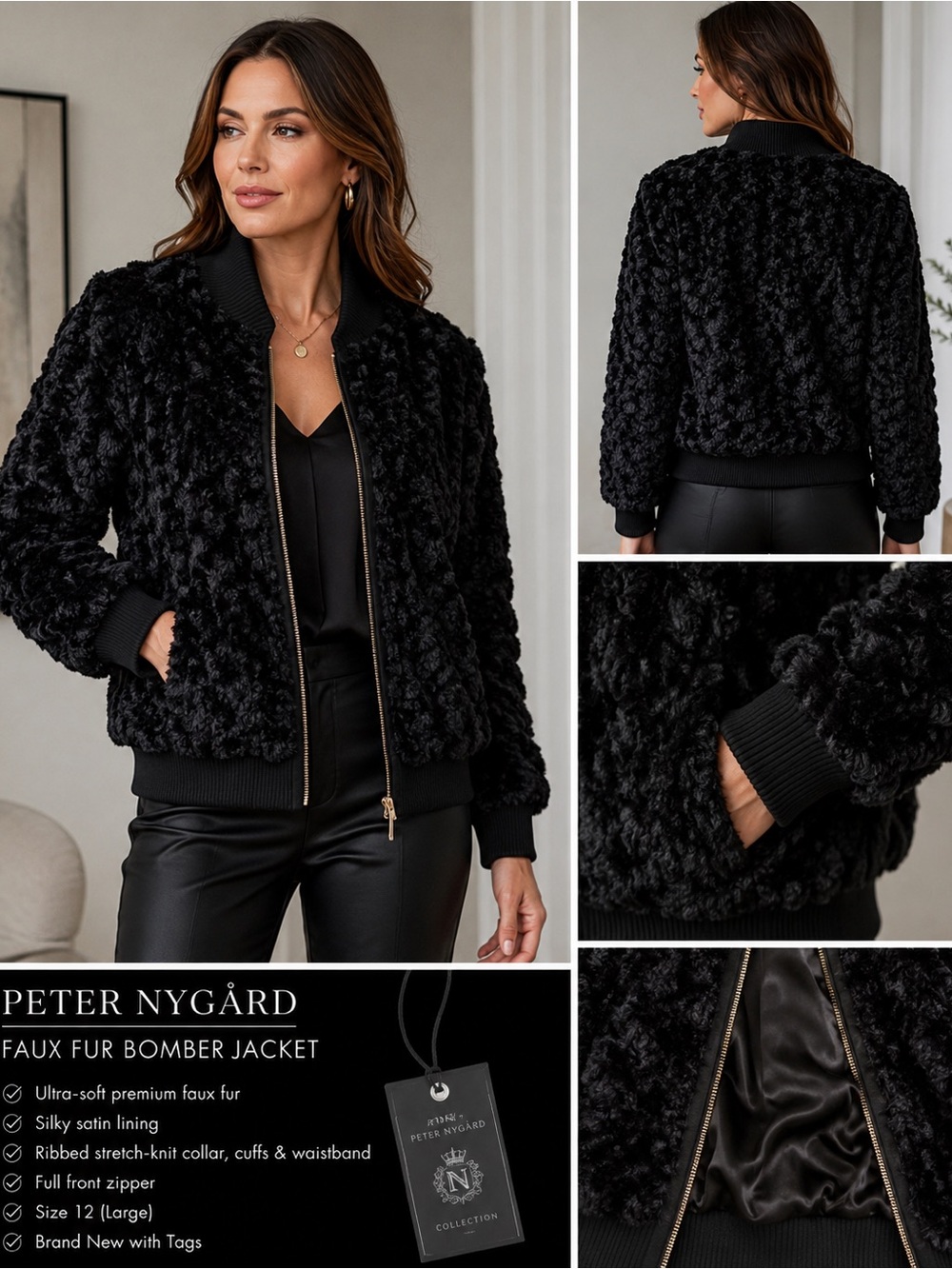 Beautiful Faux Fur Black Bomber Jacket  Peter Nygard Sz 12